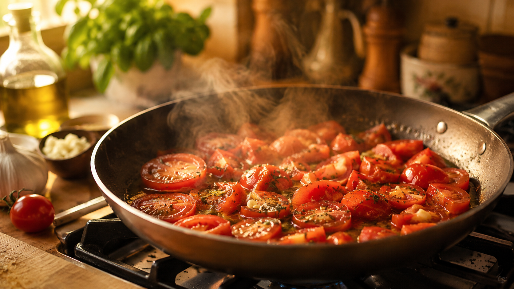 A pan of sliced tomatoes cooking in olive oil on a kitchen stove, with gentle steam rising in warm golden light and fresh kitchen ingredients nearby.