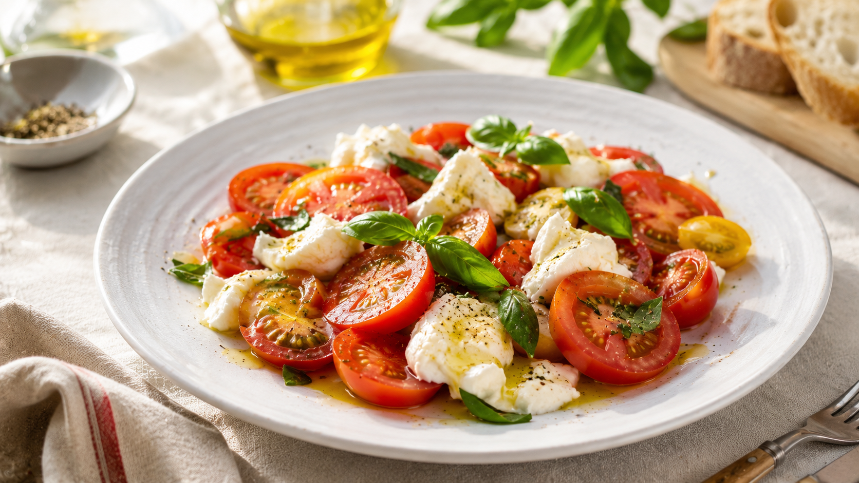 A bright Mediterranean-style salad with sliced tomatoes, fresh mozzarella, basil leaves, and olive oil served on a white plate in soft natural daylight.