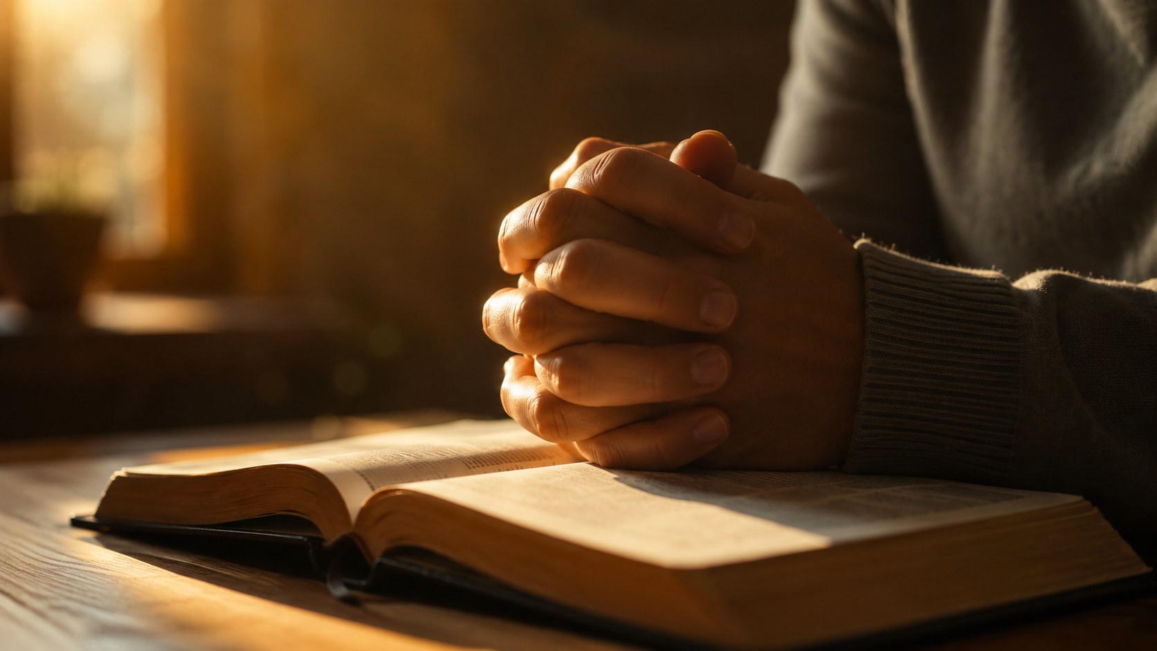A pair of hands folded over an open Bible in soft light, bible verses to pray in hard moments