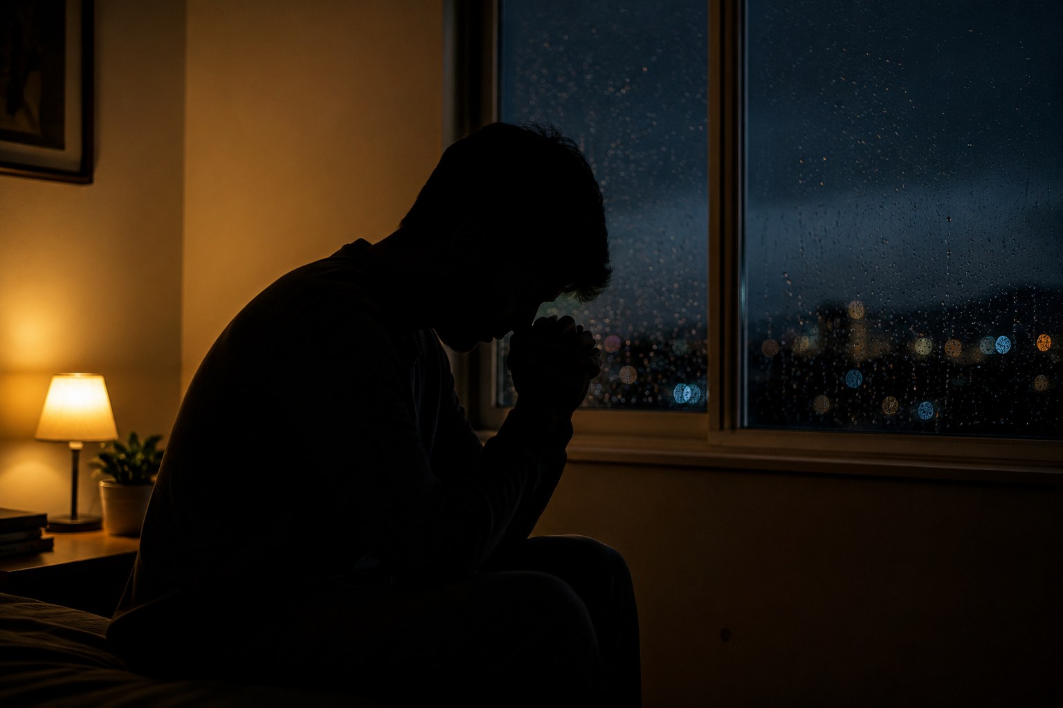 A figure praying quietly by a window at night, an image of praying scripture in a hard moment