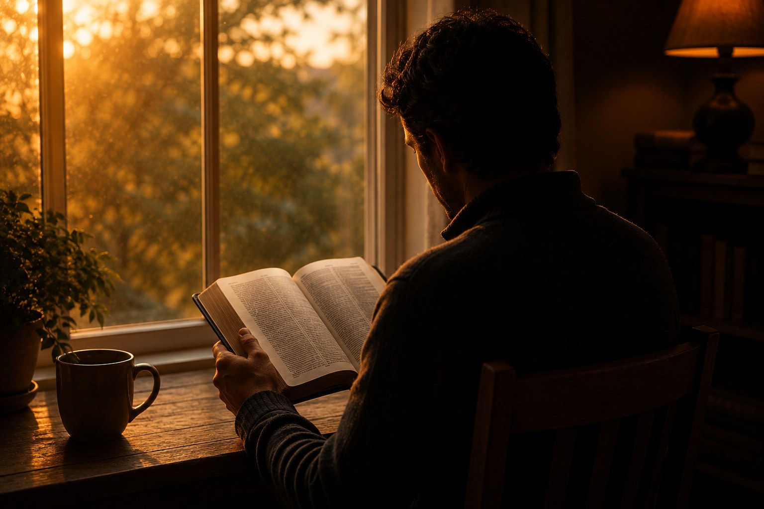 A person reading Scripture by a window in warm light, an image of understanding bible verses in context