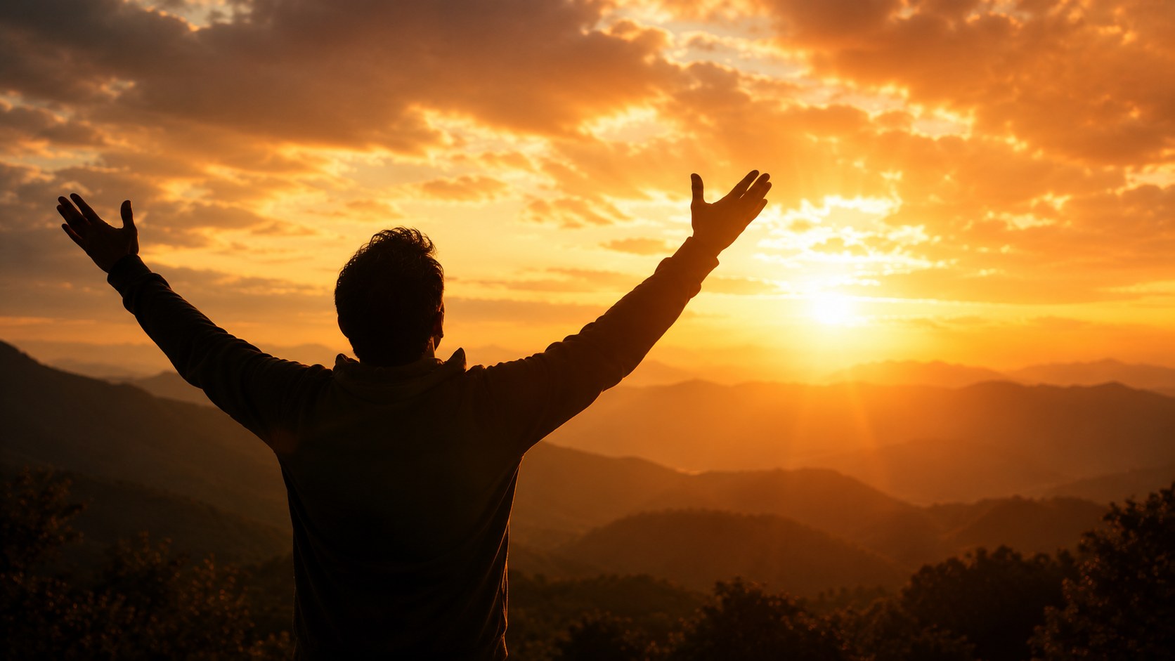 A figure standing with arms lifted at sunrise, the joy of the lord is my strength meaning