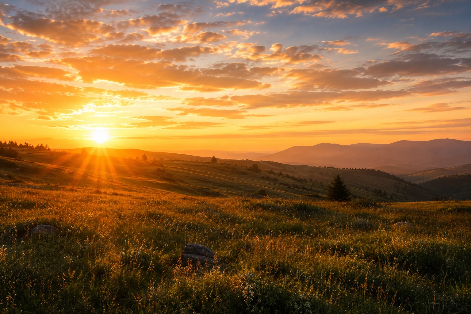 Warm sunrise light over an open landscape, an image of joy as strength
