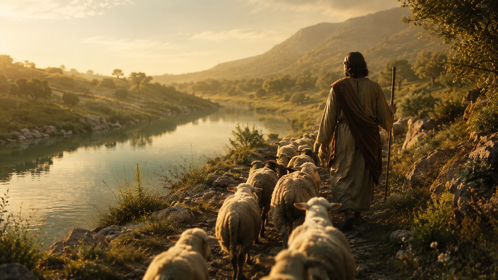 A shepherd with a staff leading sheep beside still water, the lord is my shepherd i shall not want