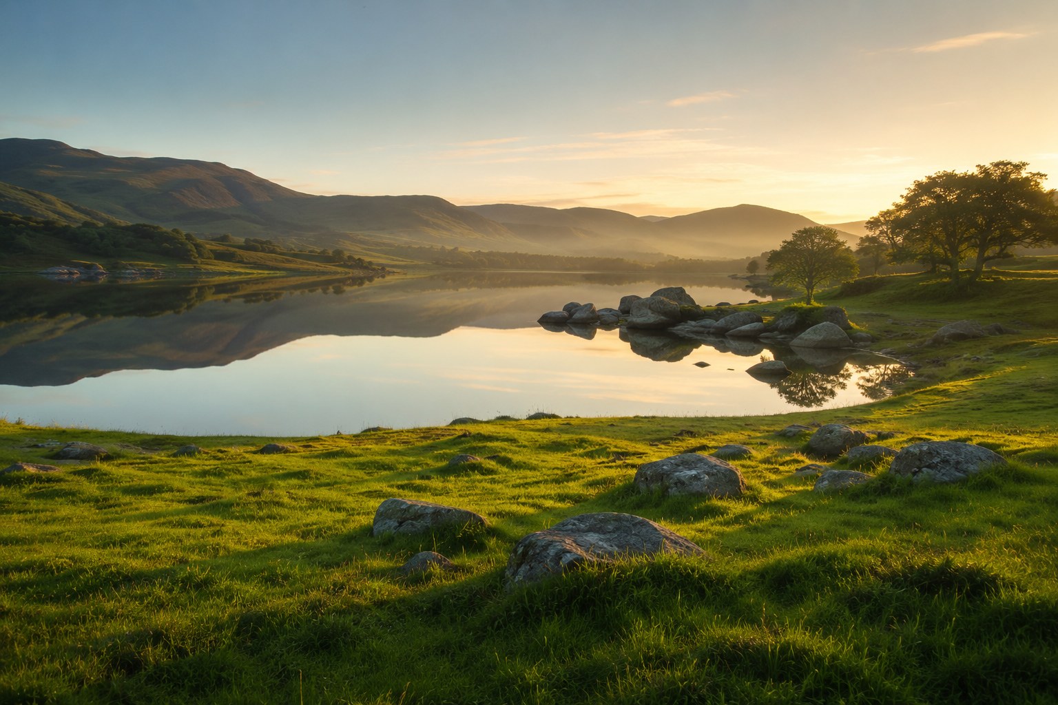 A green pasture beside calm water at dawn, an image of Psalm 23 and the shepherd's care