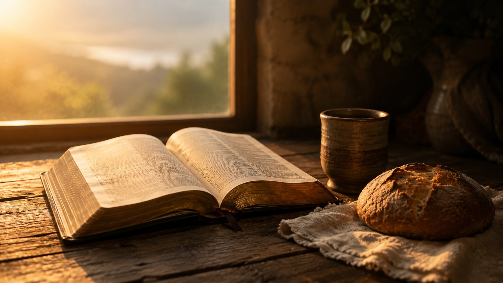 Morning light over an open Bible and a simple shared meal, taste and see that the lord is good