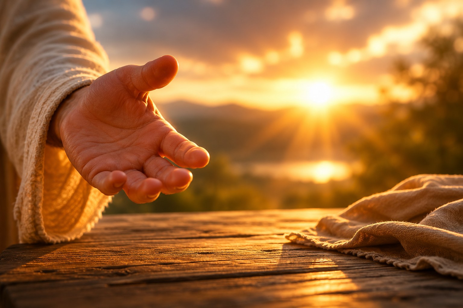 A hand reaching toward warm light over a table, an image of experiencing God's goodness