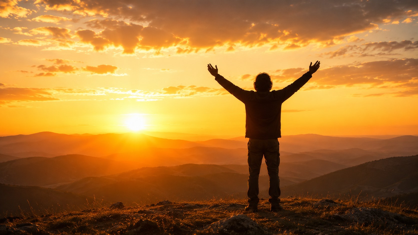 A figure facing the sunrise over a hilltop, this is the day that the lord has made