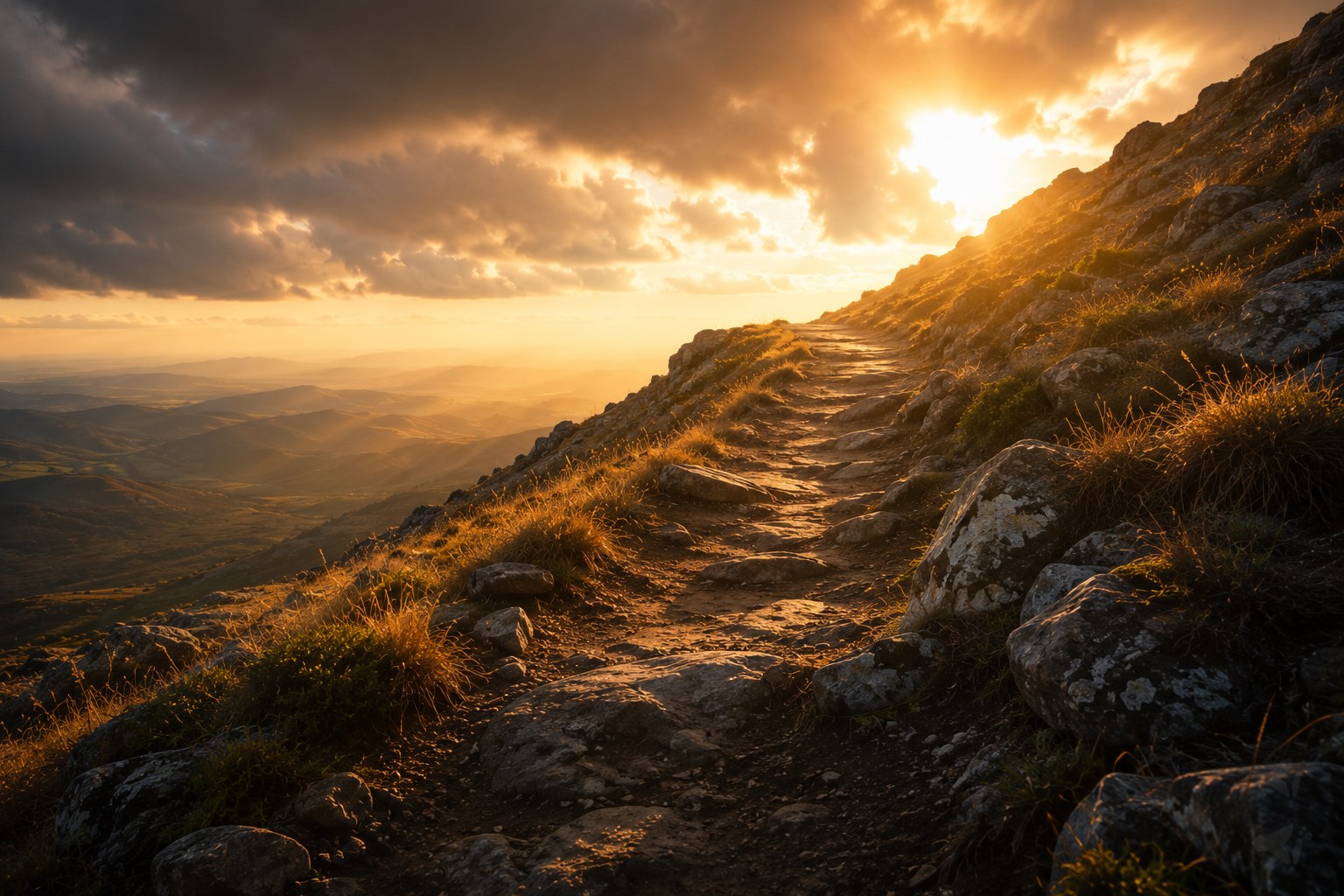 Light breaking over a rugged trail, an image of perseverance through trials