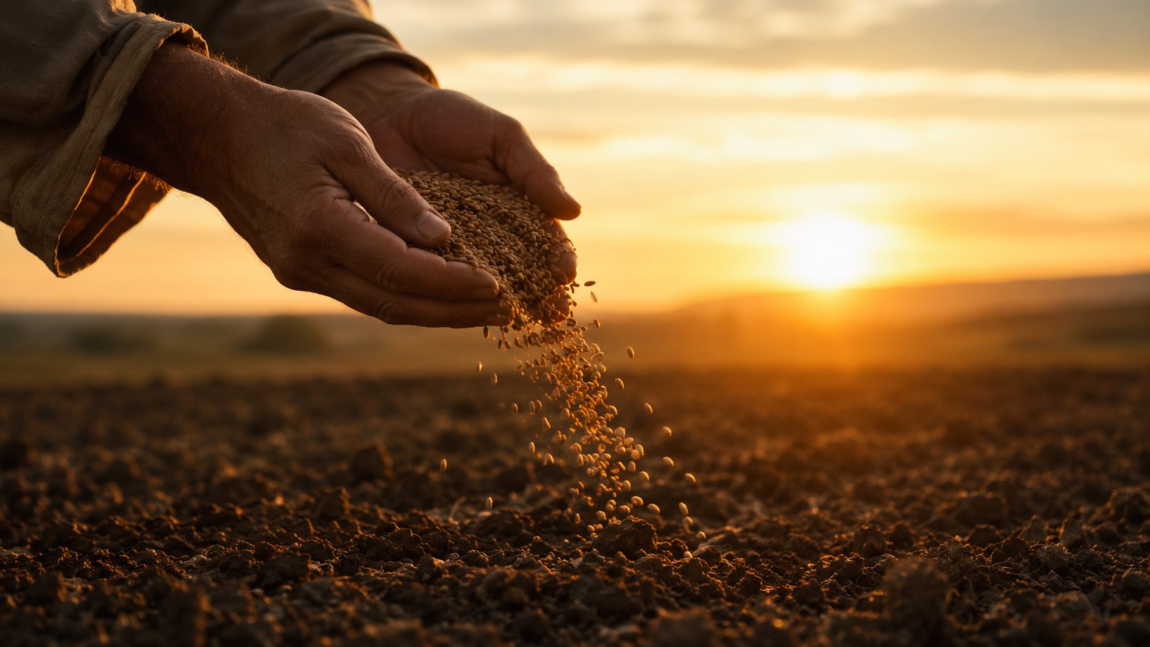 Hands scattering seed over open soil at dawn, reap what you sow meaning