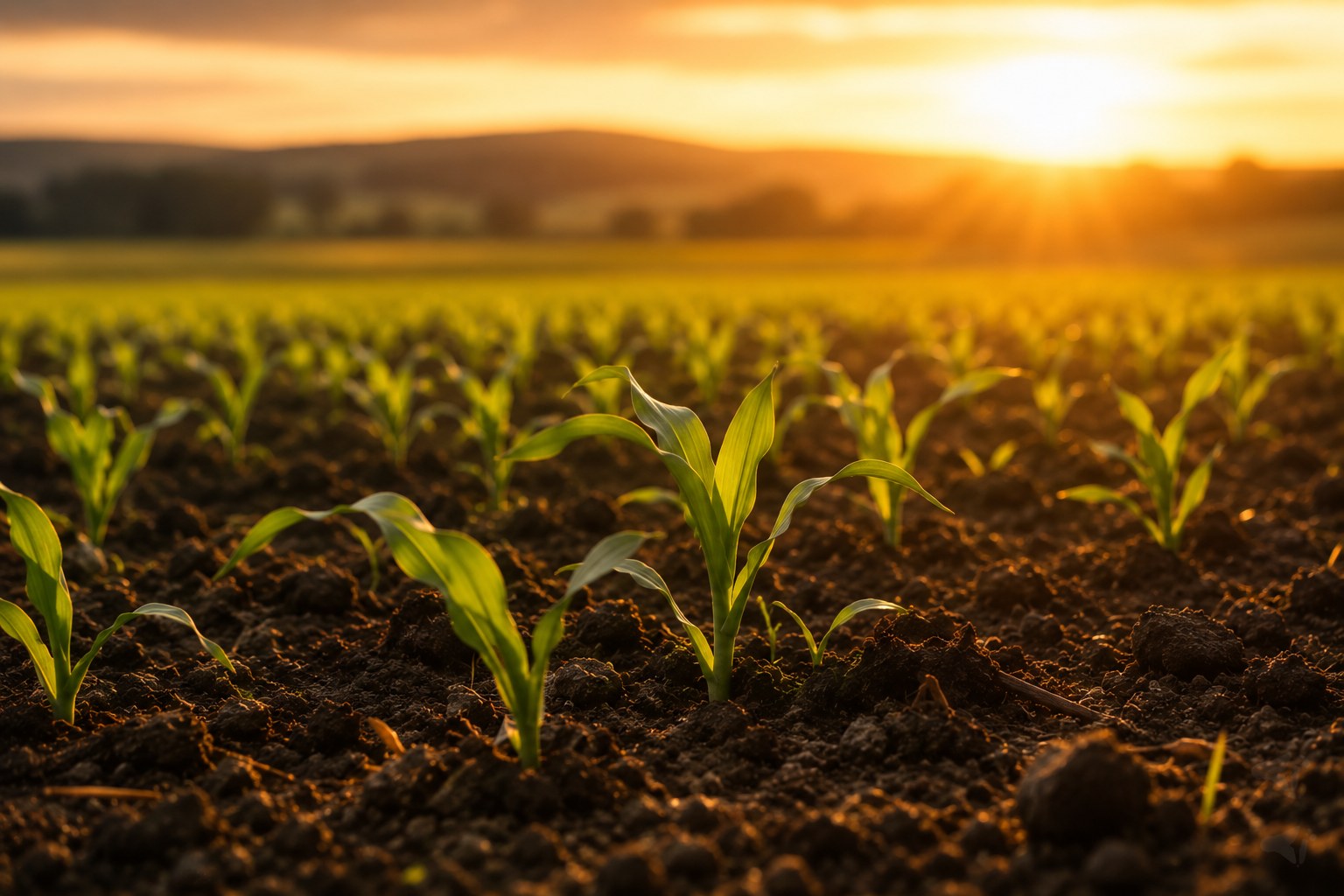 Green shoots rising from tilled soil in warm light, an image of sowing and reaping