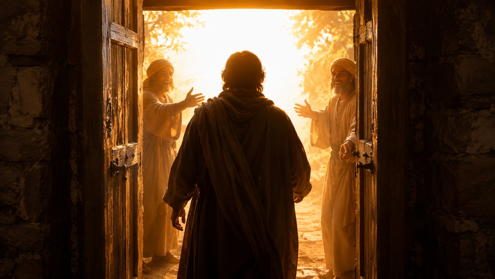 A figure welcomed through a doorway into warm light, well done good and faithful servant meaning