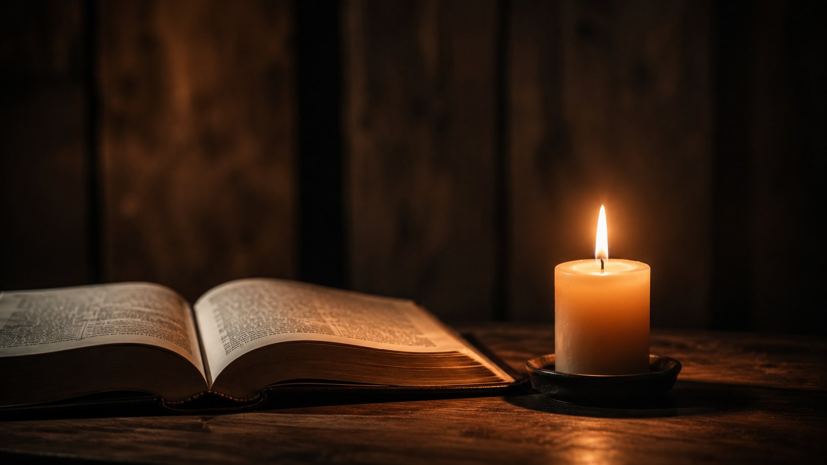 A single candle burning beside an open Bible in soft light, comforting bible verses for the death of a loved one