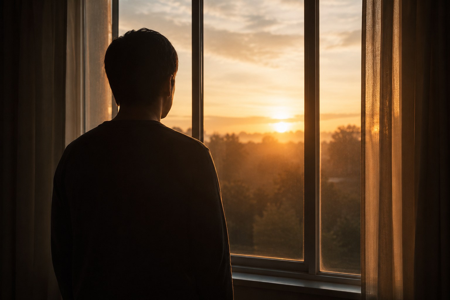 A figure standing quietly at a window facing soft morning light, an image of grief and hope