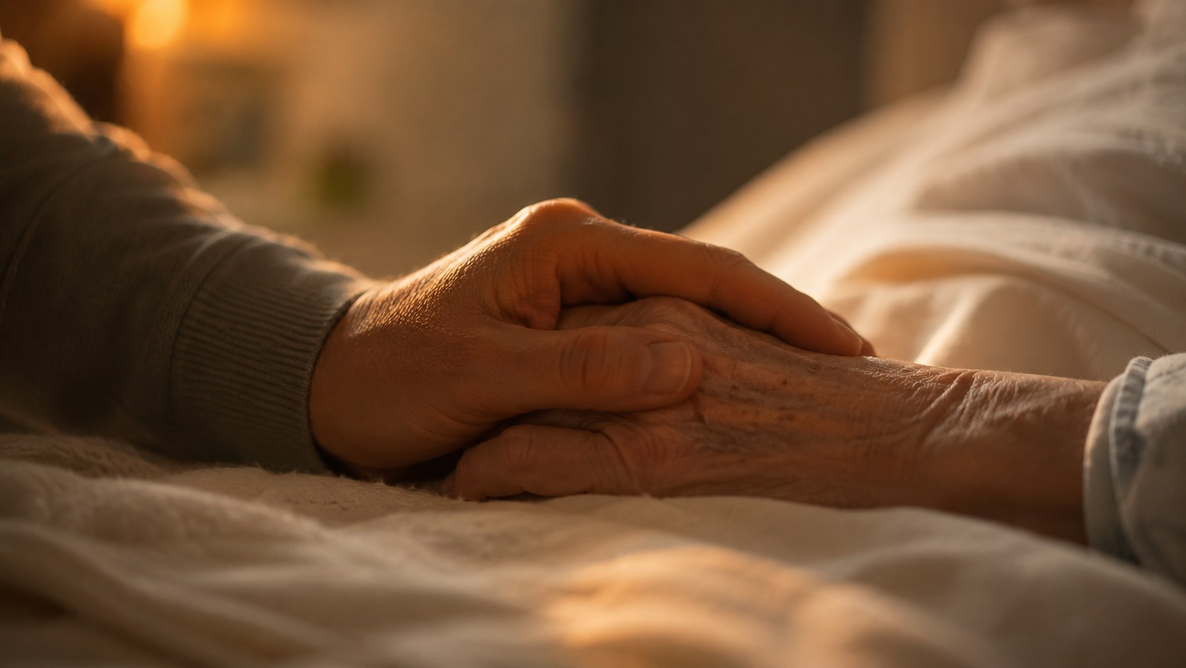 A hand gently holding another hand at a bedside in soft light, bible verses to pray over a sick loved one