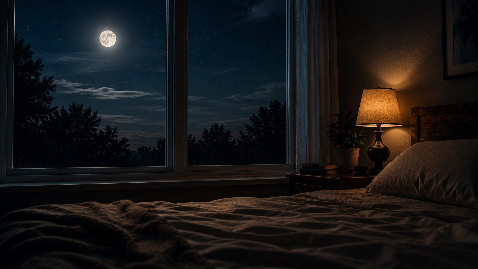 A quiet bedroom window at night with soft moonlight, bible verses for sleeplessness to pray