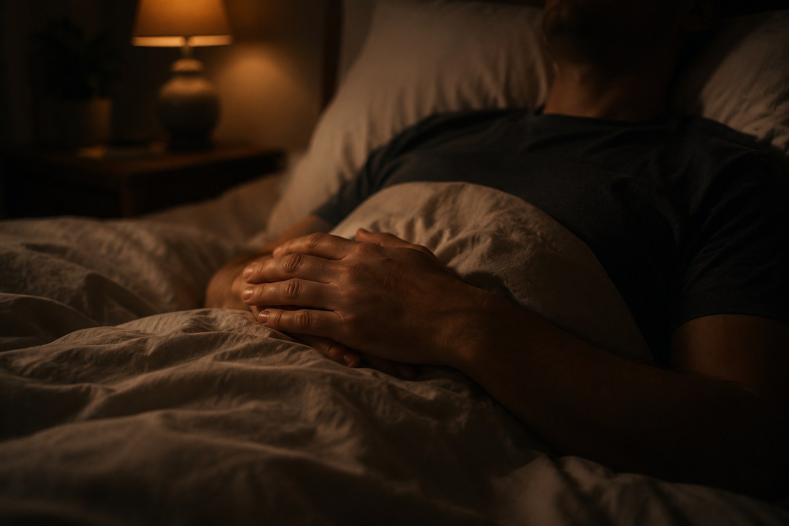 A figure resting peacefully with hands folded in the quiet of night, an image of rest in God's keeping