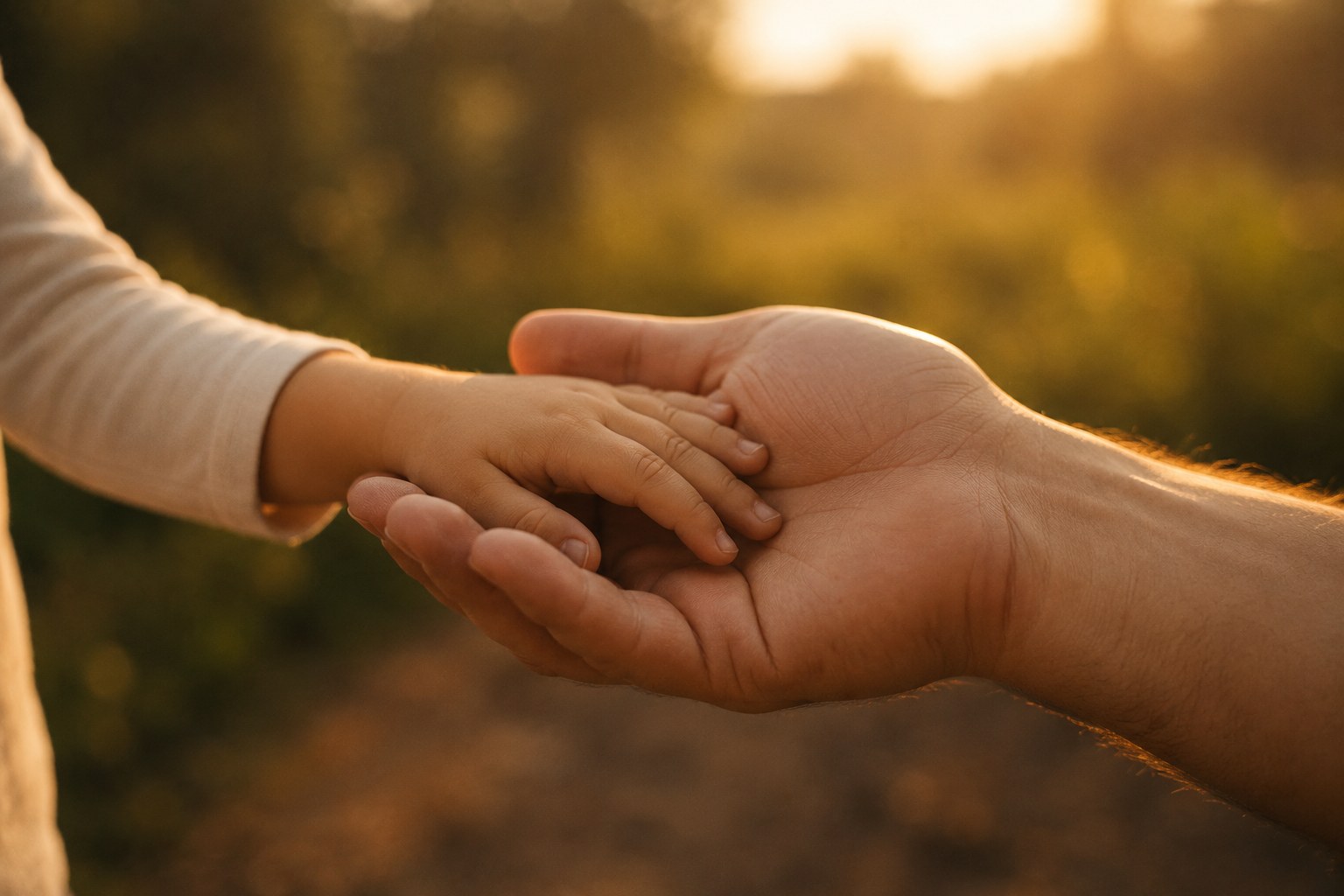 A small child's hand held in a parent's hand outdoors in warm light, an image of blessing a child