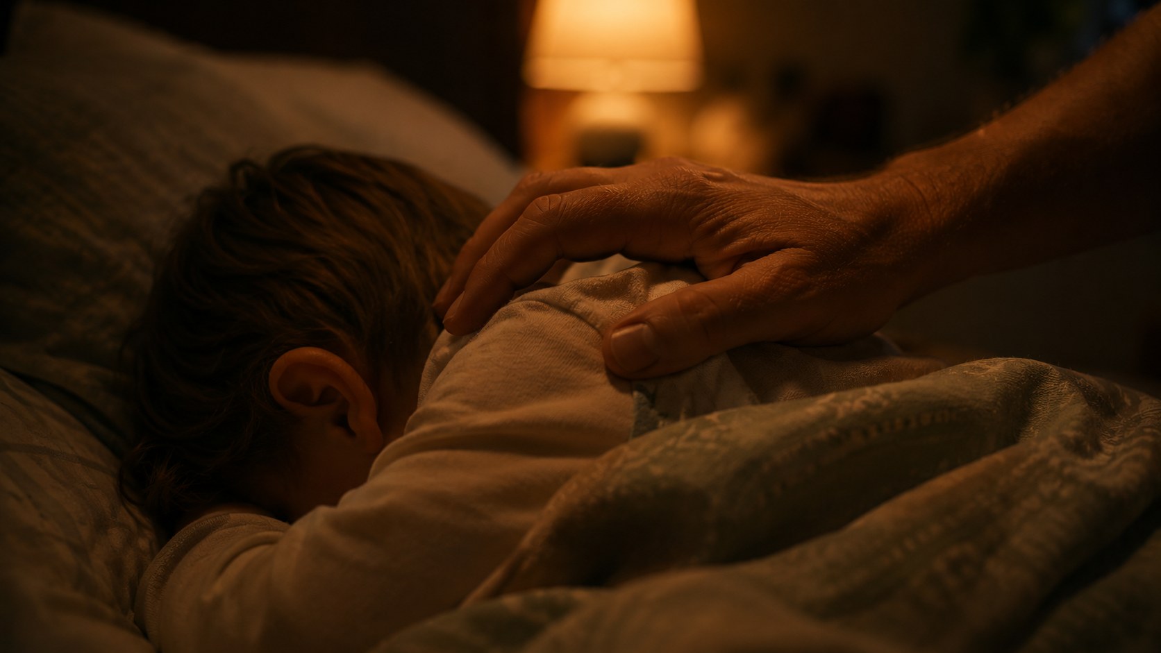 A parent's hand resting gently on a sleeping child in soft light, bible verses to pray over your children