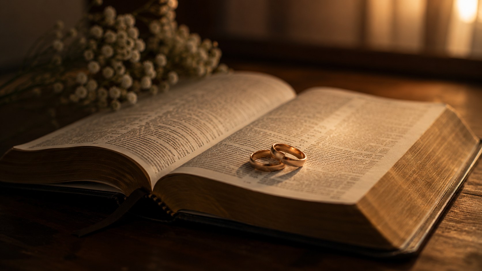 Two wedding rings resting on an open Bible in soft light, bible verses to pray over a struggling marriage