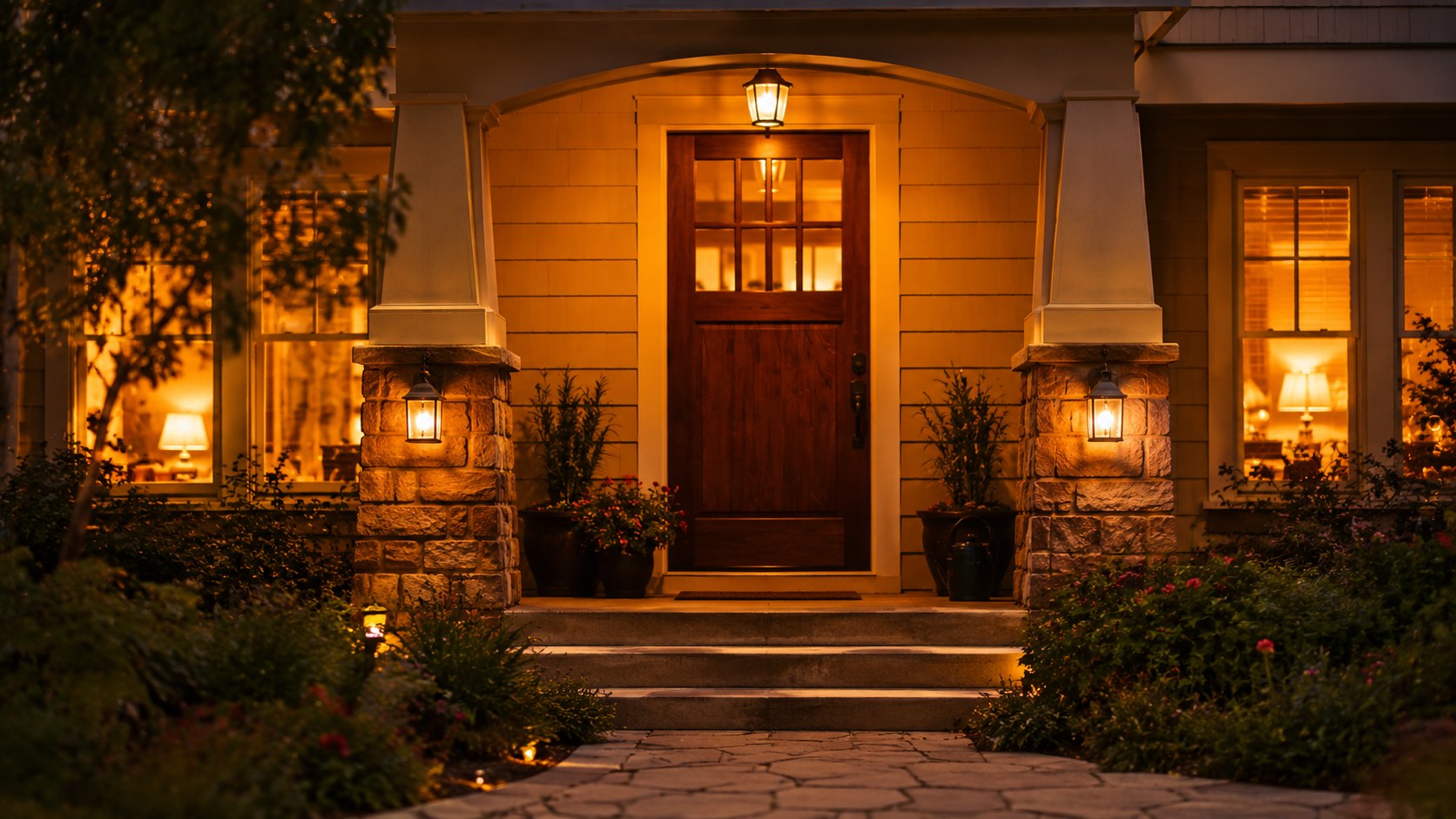 A doorway of a home glowing with warm light at dusk, bible verses to pray for protection over your home and family