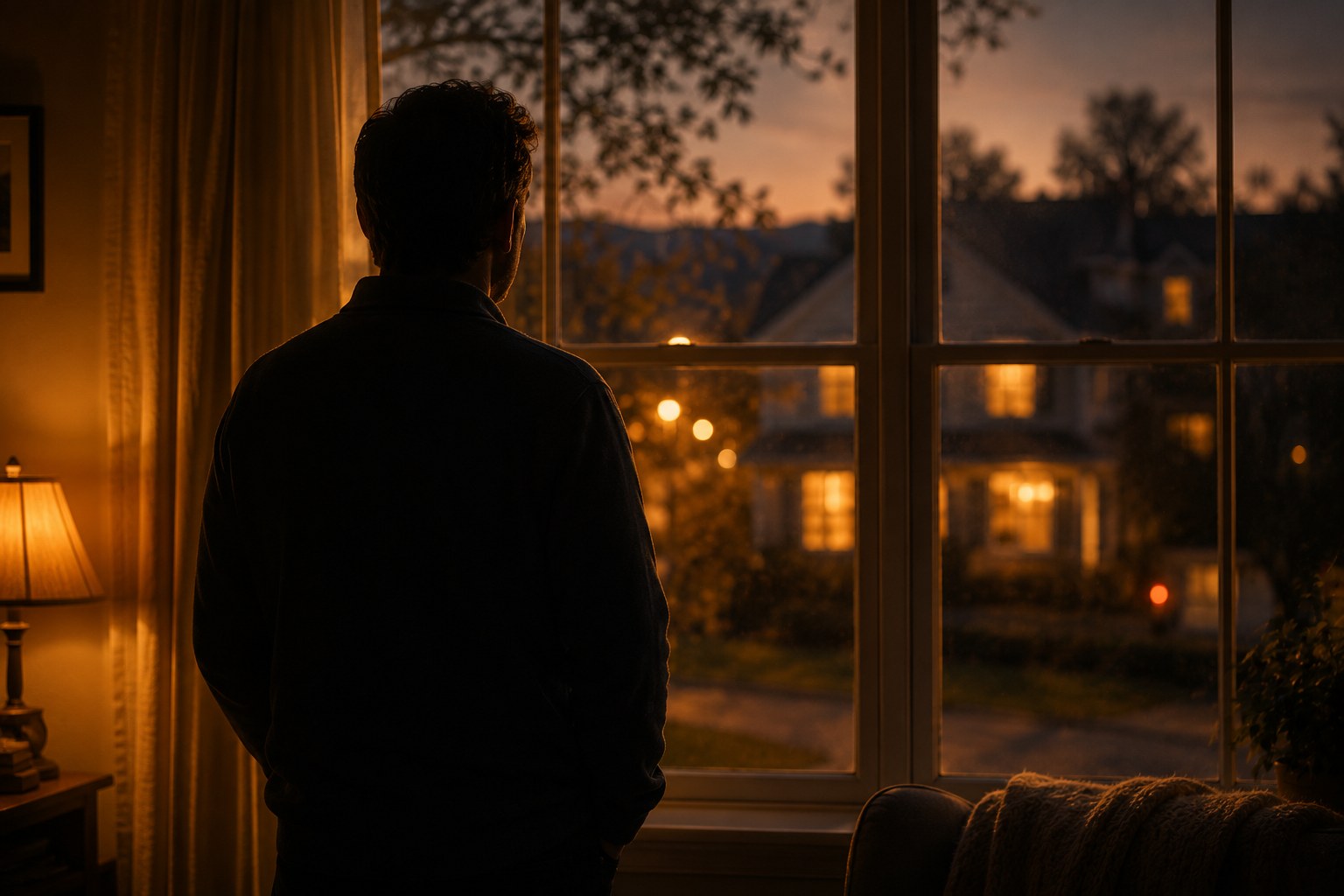 A figure standing at a window watching over a quiet home at evening, an image of praying protection over a family