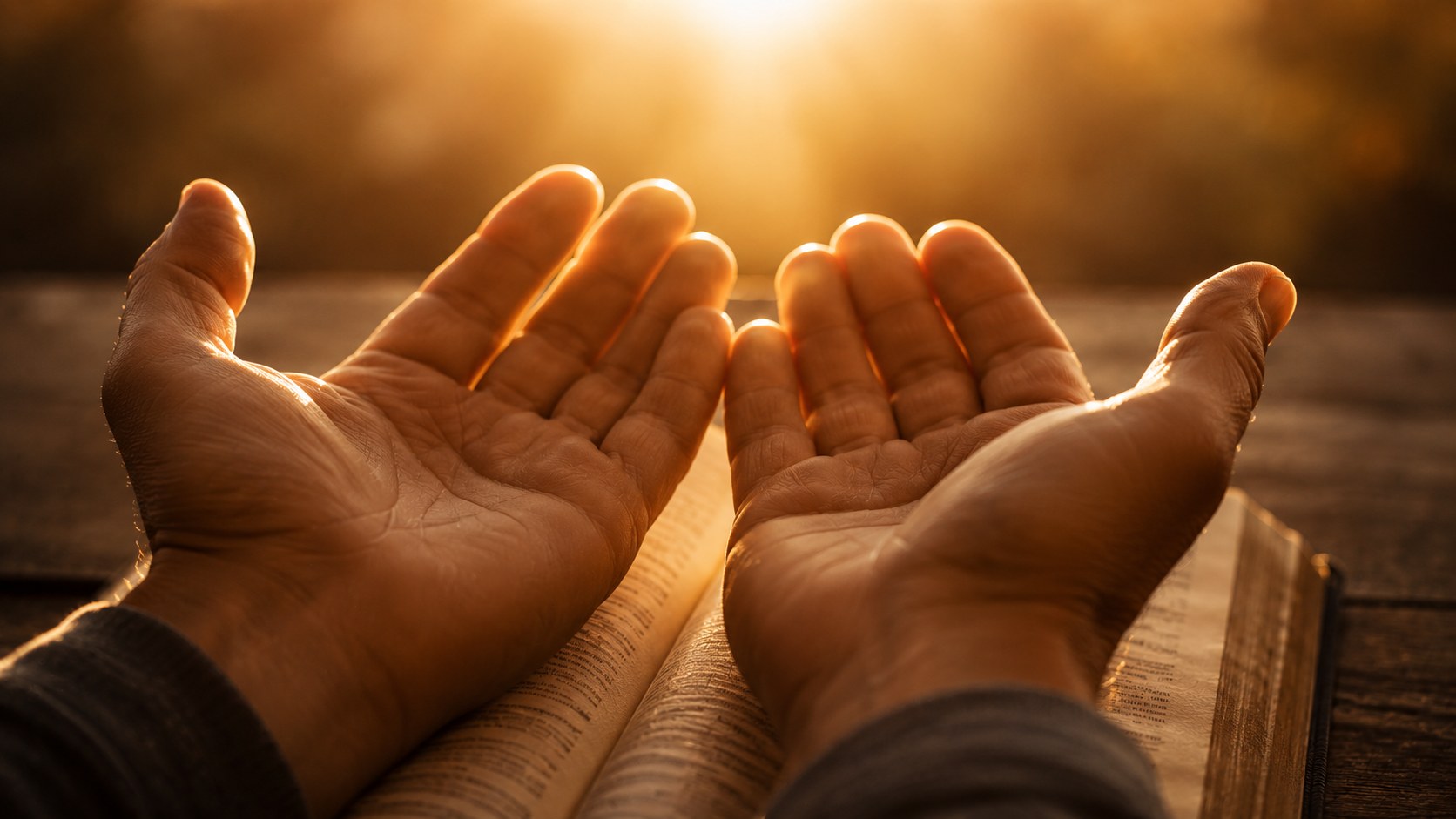 Hands open in gratitude over an open Bible in warm light, a thanksgiving prayer from scripture