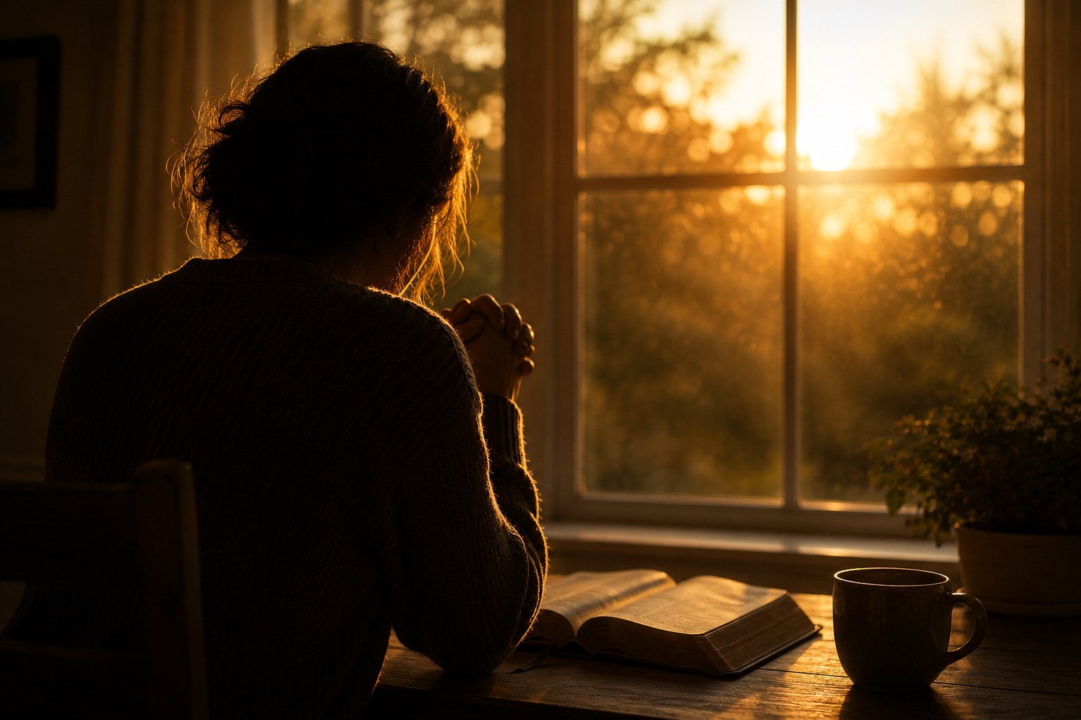 A figure pausing in gratitude by a window in warm light, an image of a thanksgiving prayer