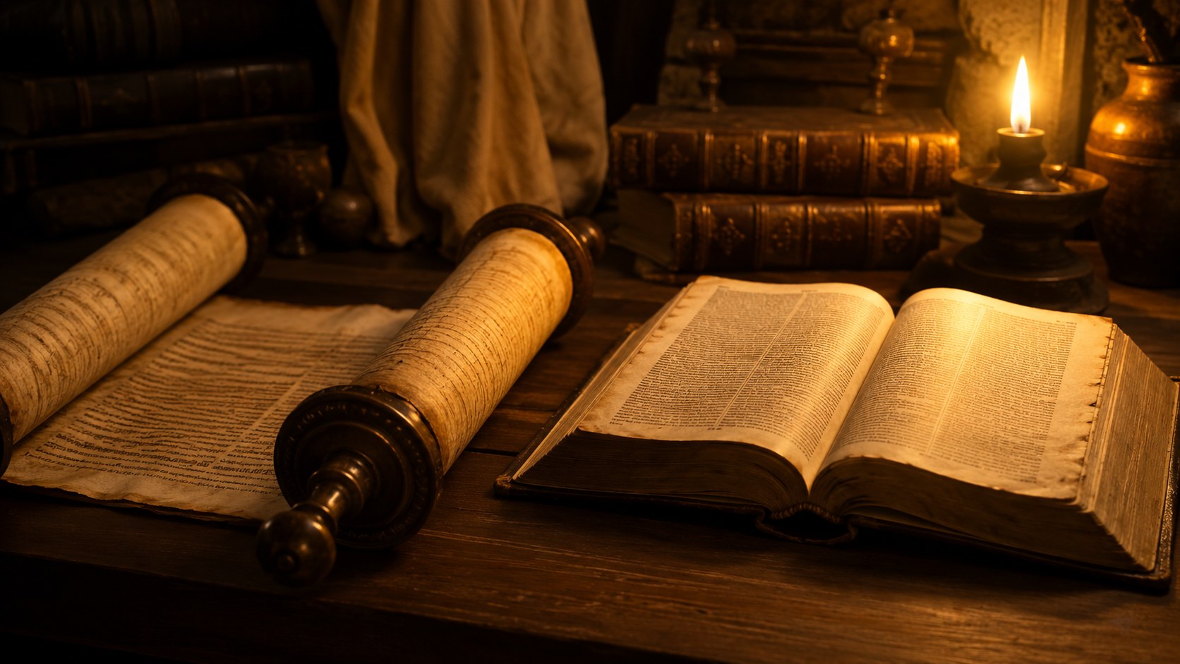 An ancient scroll and open Bible in warm light, greek and hebrew words in the bible