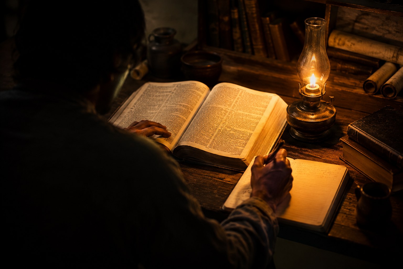 A person studying an open Bible with notes by lamplight, an image of biblical word study