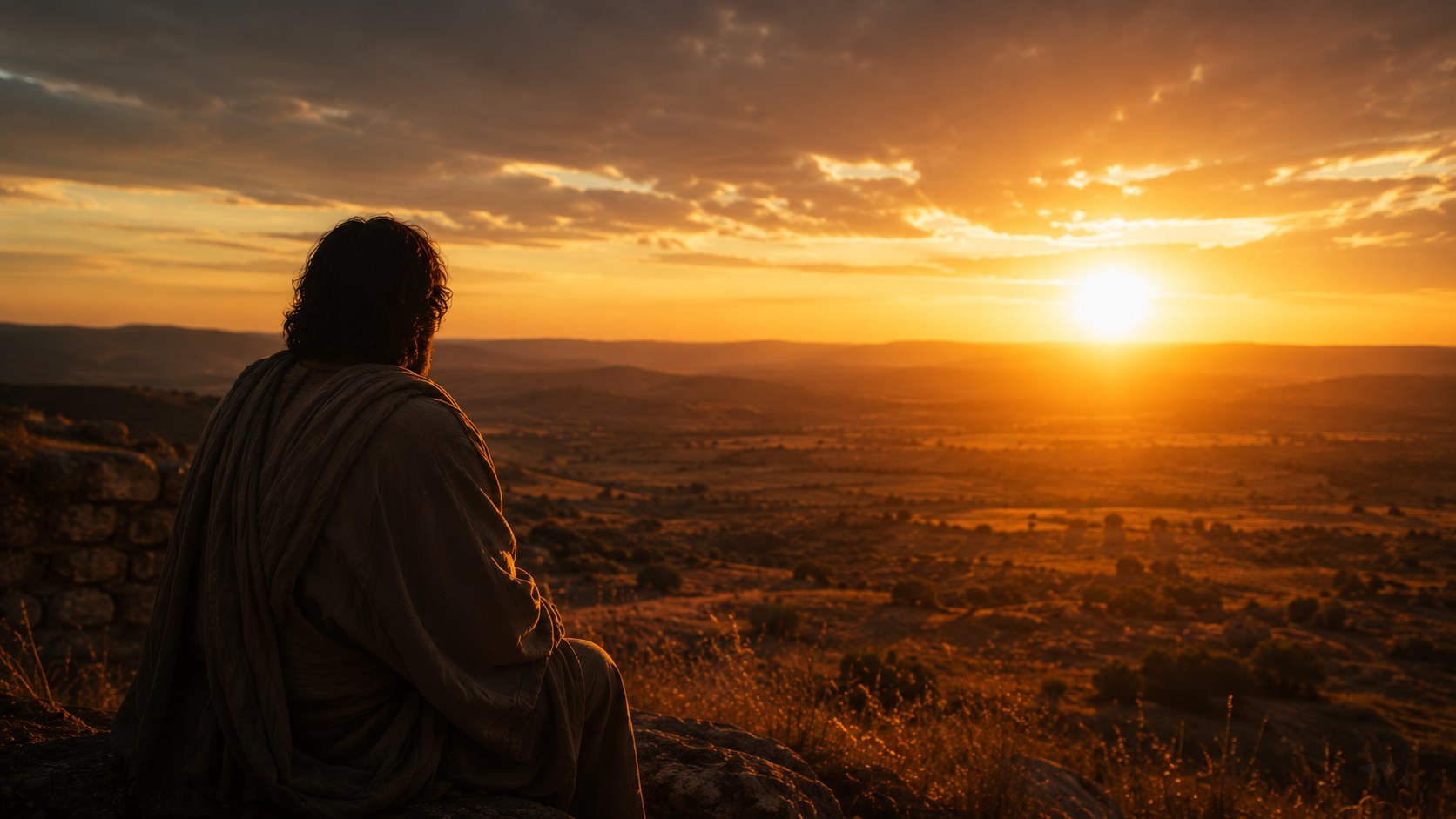 A figure looking toward a bright horizon at dawn, the maranatha meaning come Lord