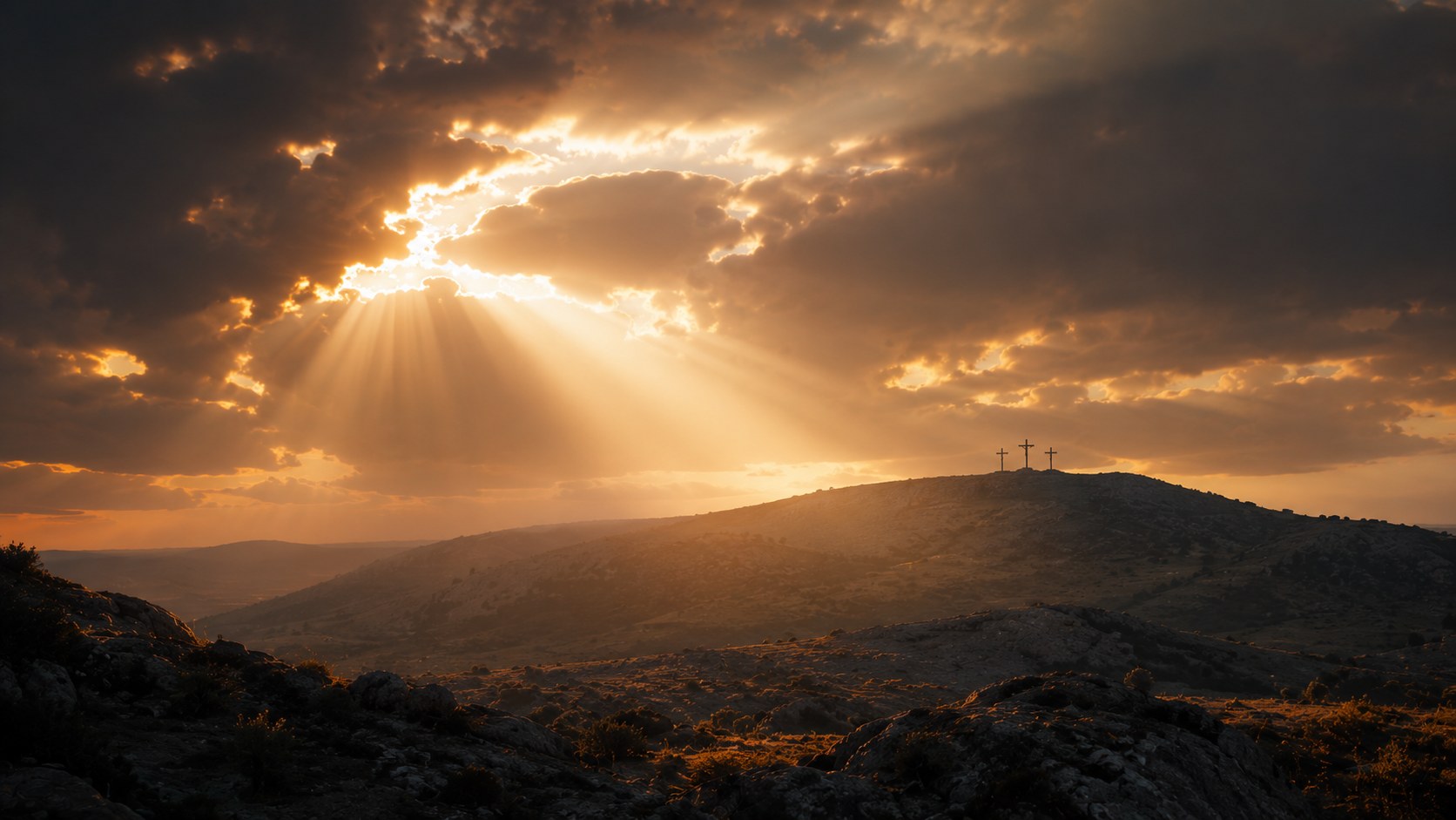 Light breaking through clouds over a hill at dusk, the tetelestai meaning it is finished