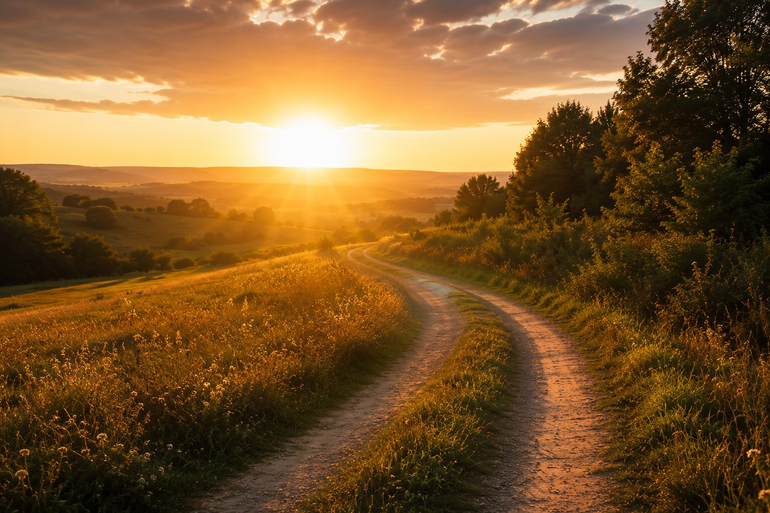 A path curving toward sunrise through open country, an image of changed direction