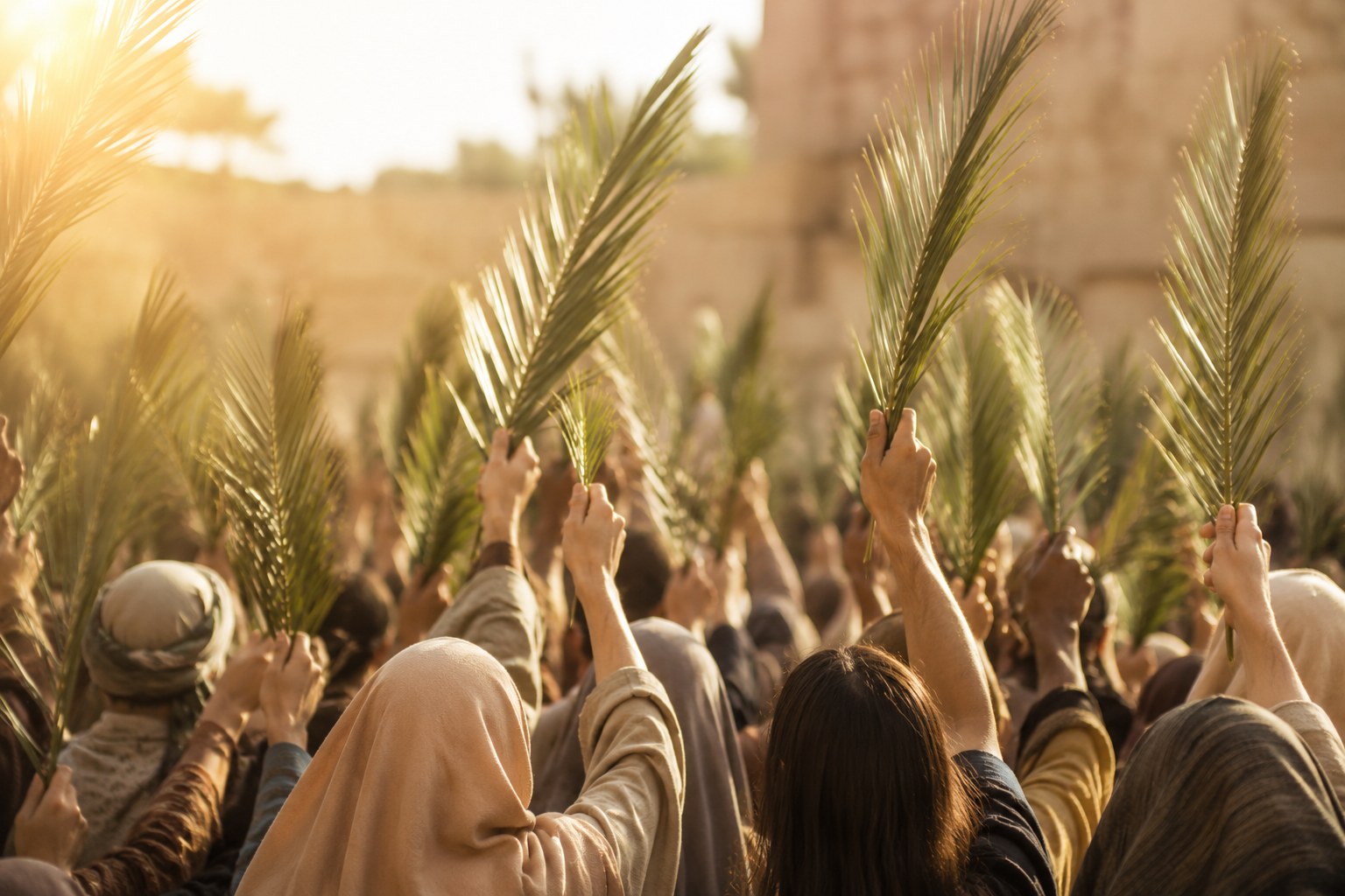 A crowd's raised hands with palm branches in warm light, an image of the Palm Sunday welcome