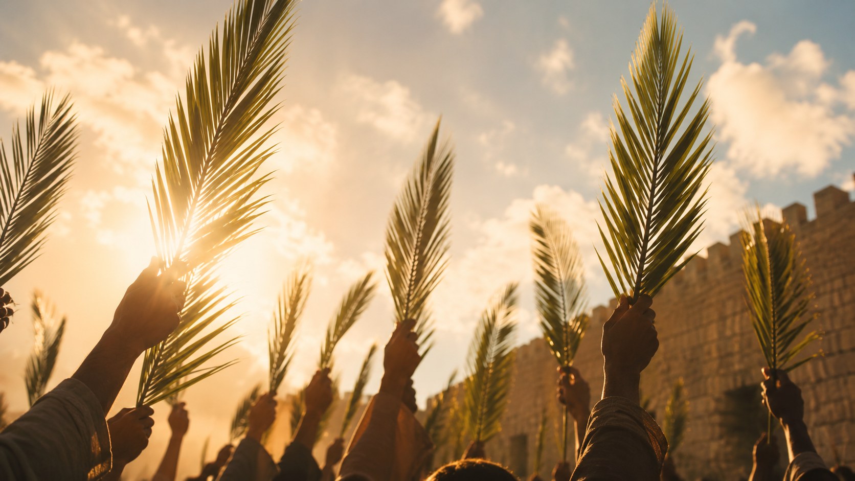 Palm branches raised against bright sky, the hosanna meaning save us and praise
