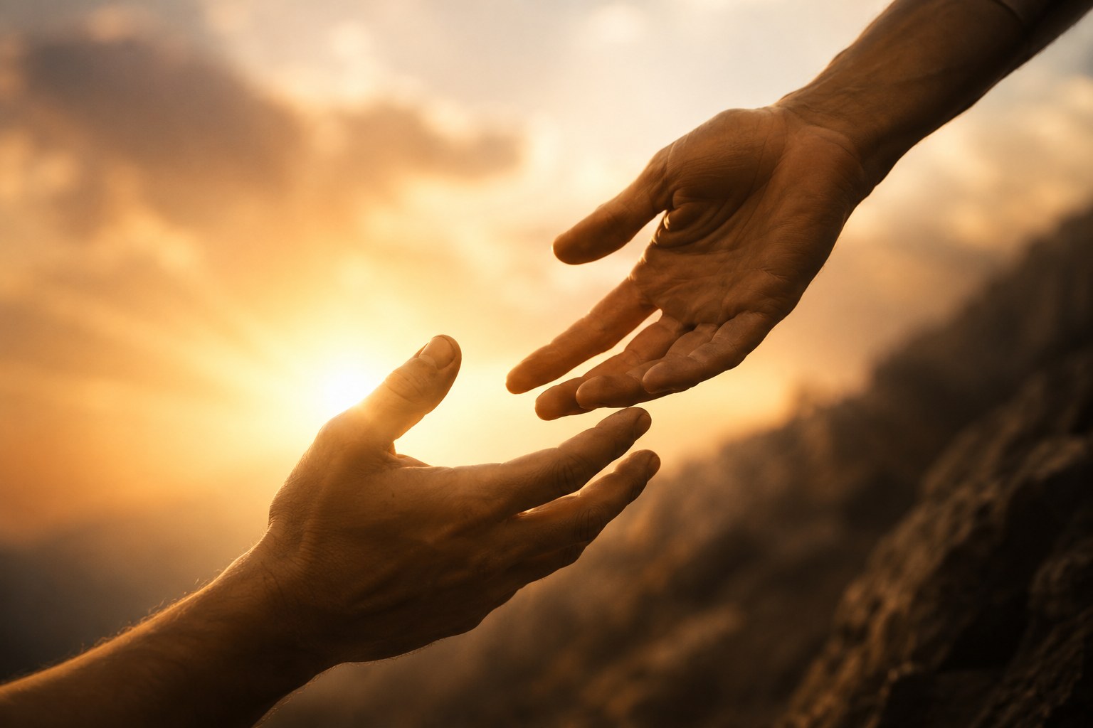 A hand reaching down to help another up in warm light, an image of sacrificial love