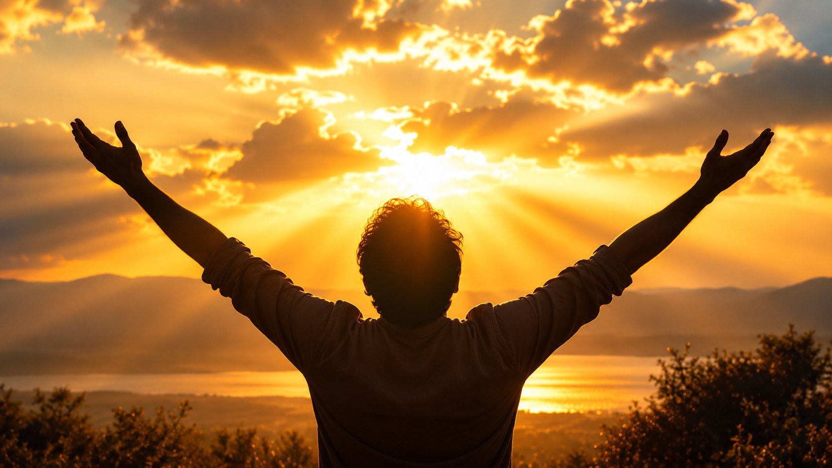 A figure with lifted hands in bright worshipful light, the hallelujah meaning praise the Lord