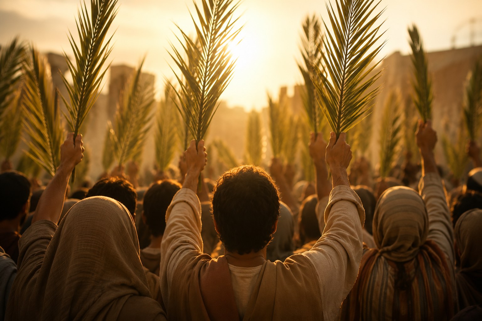Many hands raised together in warm light, an image of communal praise