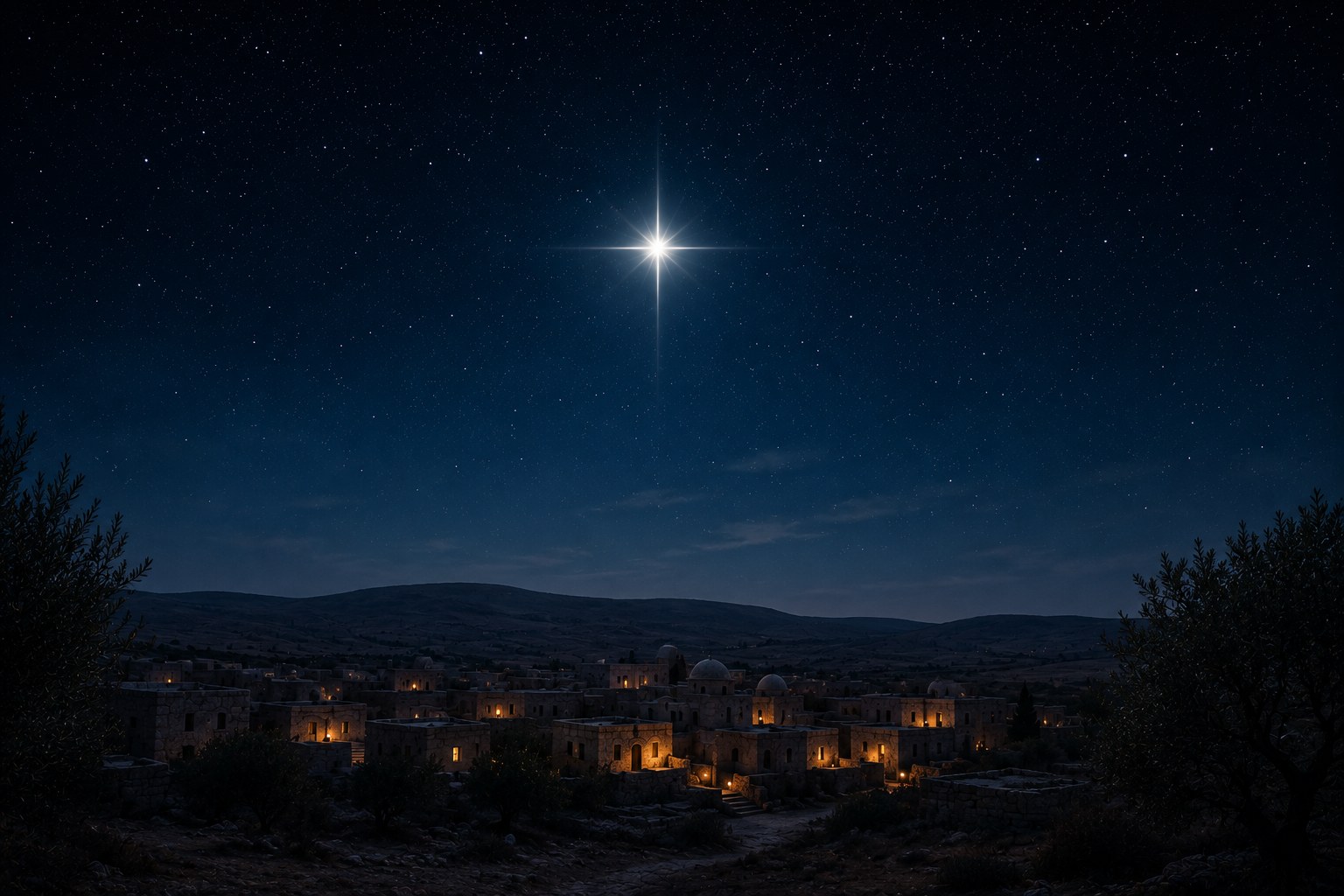 A star over a quiet town at night, an image of the christmas story in the bible