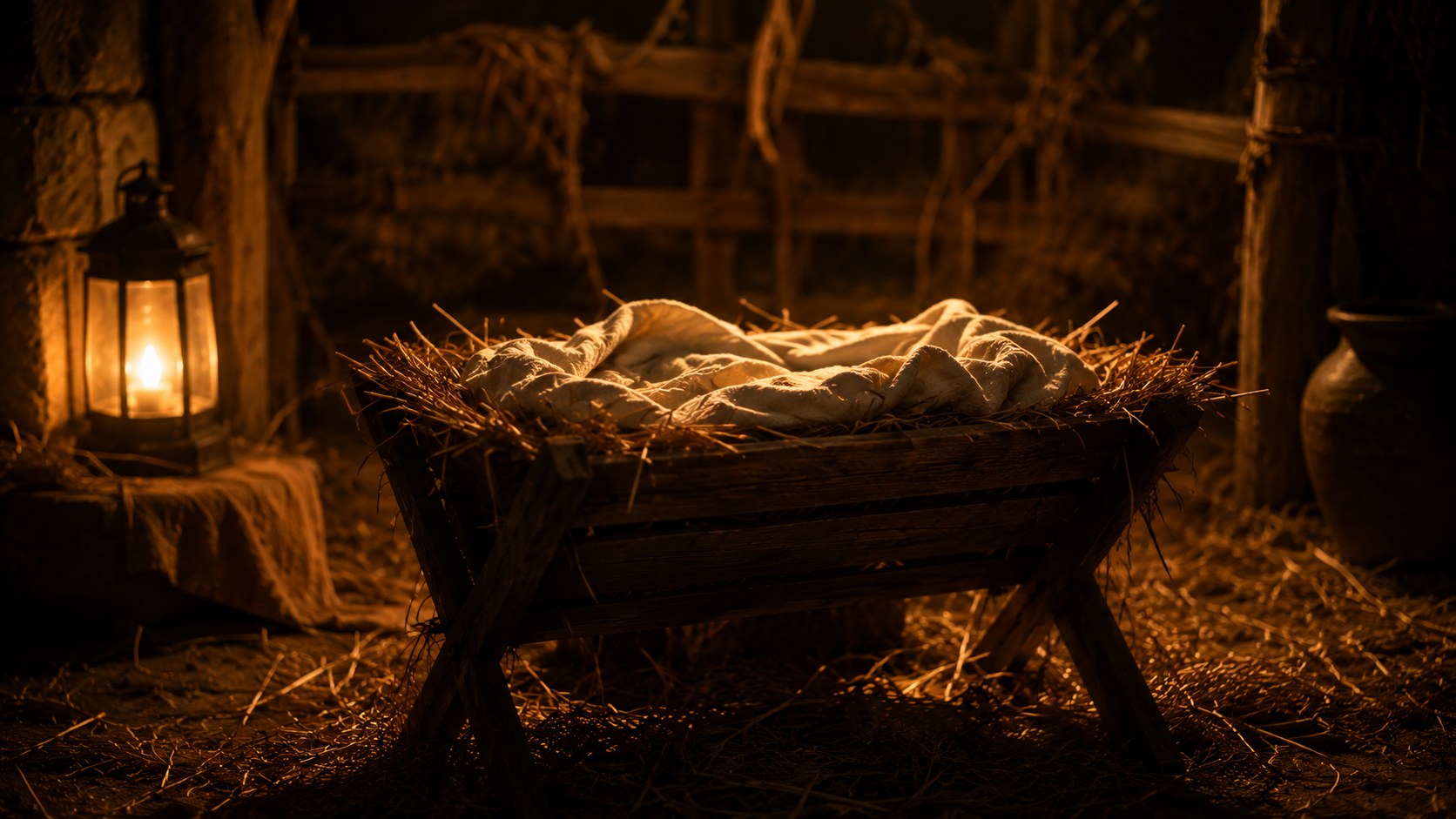 A quiet manger scene by lantern light, the birth of jesus in Luke 2