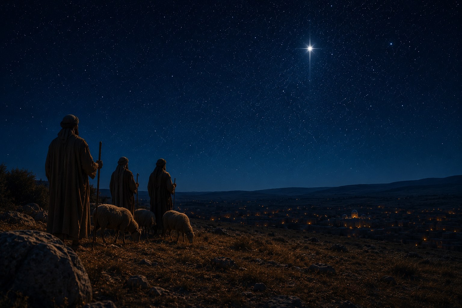 Shepherds in a field under a bright night sky, an image of the announcement of Jesus' birth