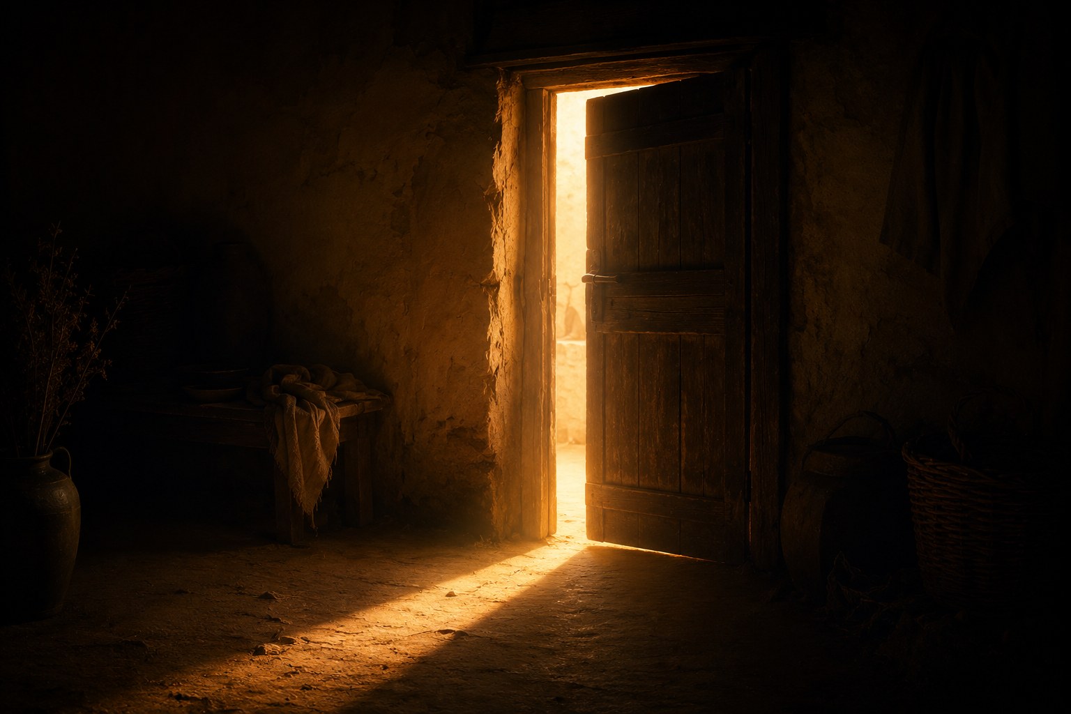 Warm light spilling into a dark room, an image of God drawing near