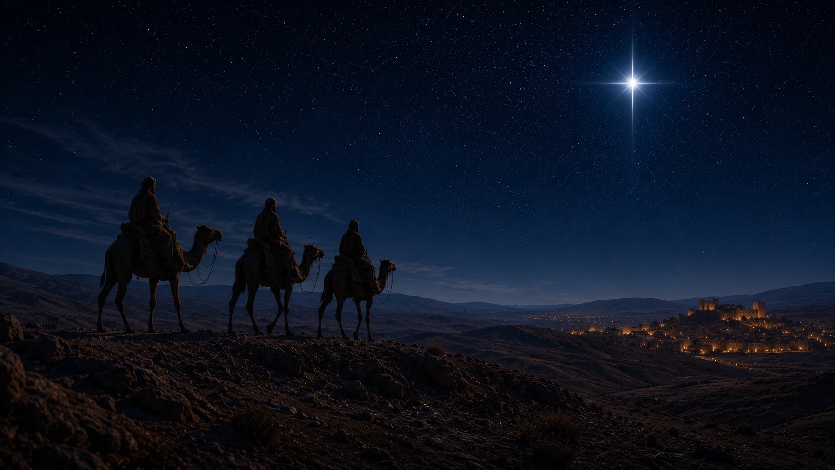 Travelers following a bright star across a night desert, the wise men in the bible