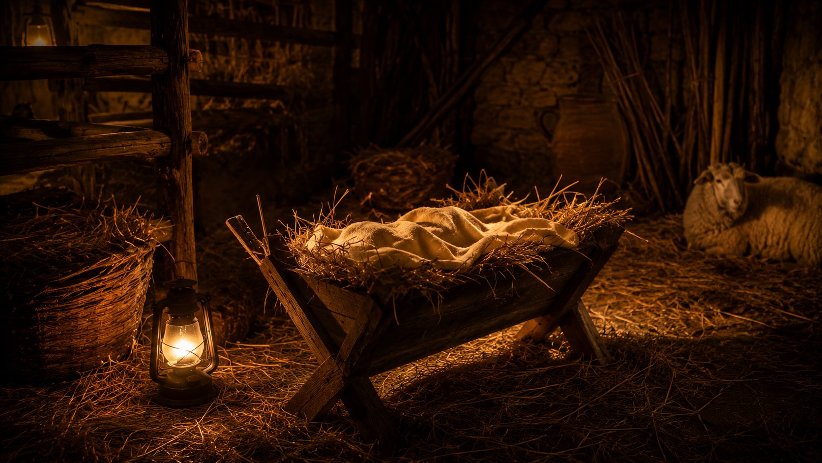 A simple manger of straw lit by soft lantern light, why was jesus born in a manger