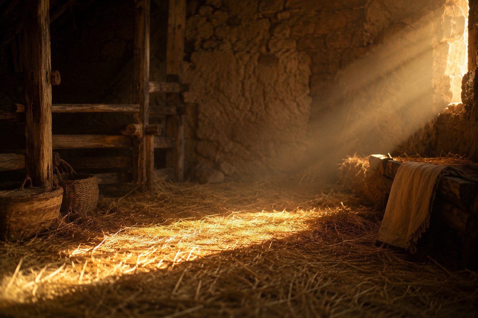 Soft light over a humble stable interior, an image of the humble birth of Jesus
