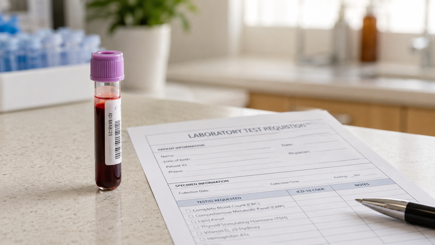 A small vial of blood stands beside a laboratory test requisition form and pen on a clean clinic counter in soft natural light.