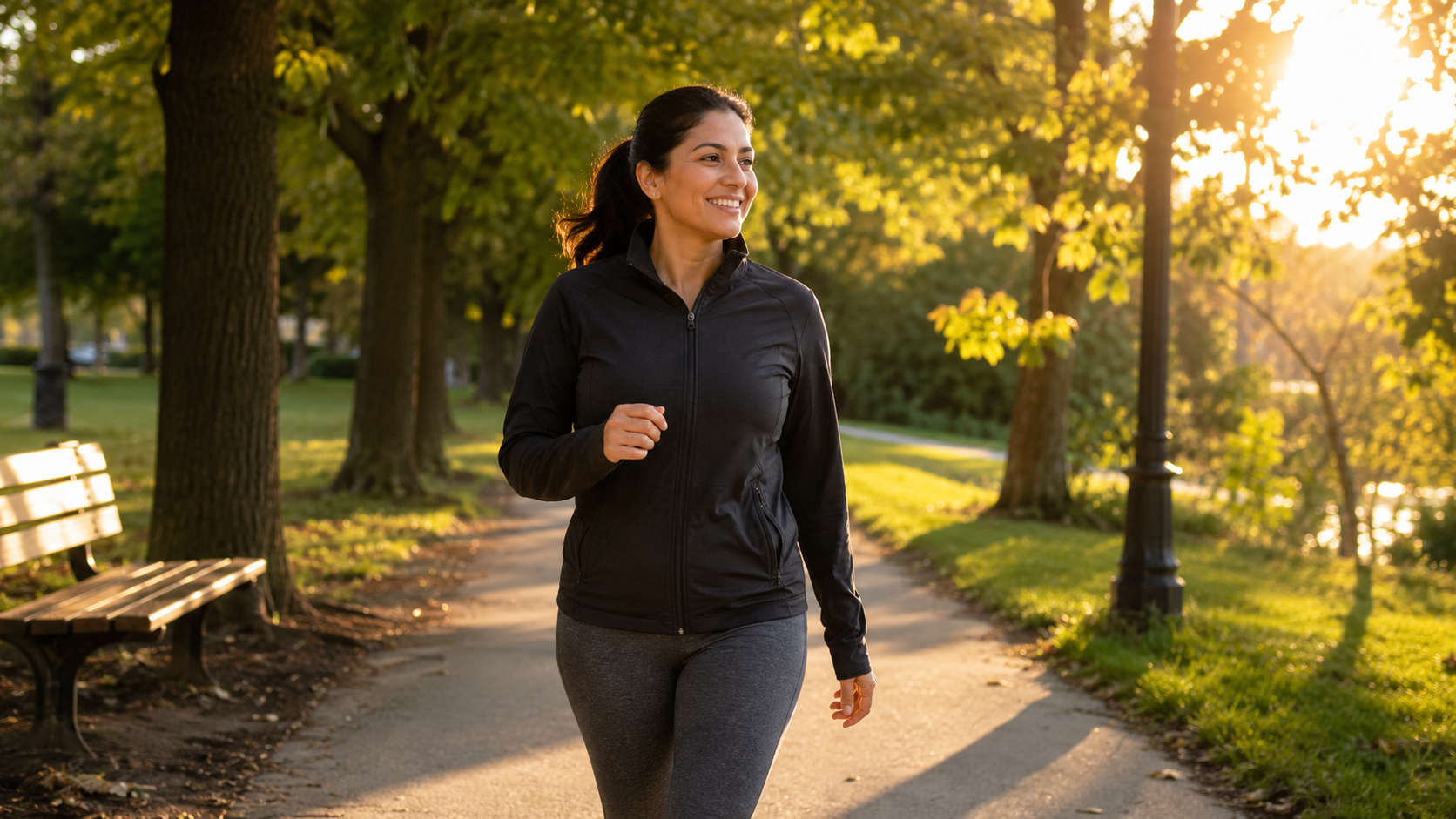 A woman takes a brisk walk along a sunny park path in warm golden afternoon light, representing a healthy post-meal lifestyle habit.