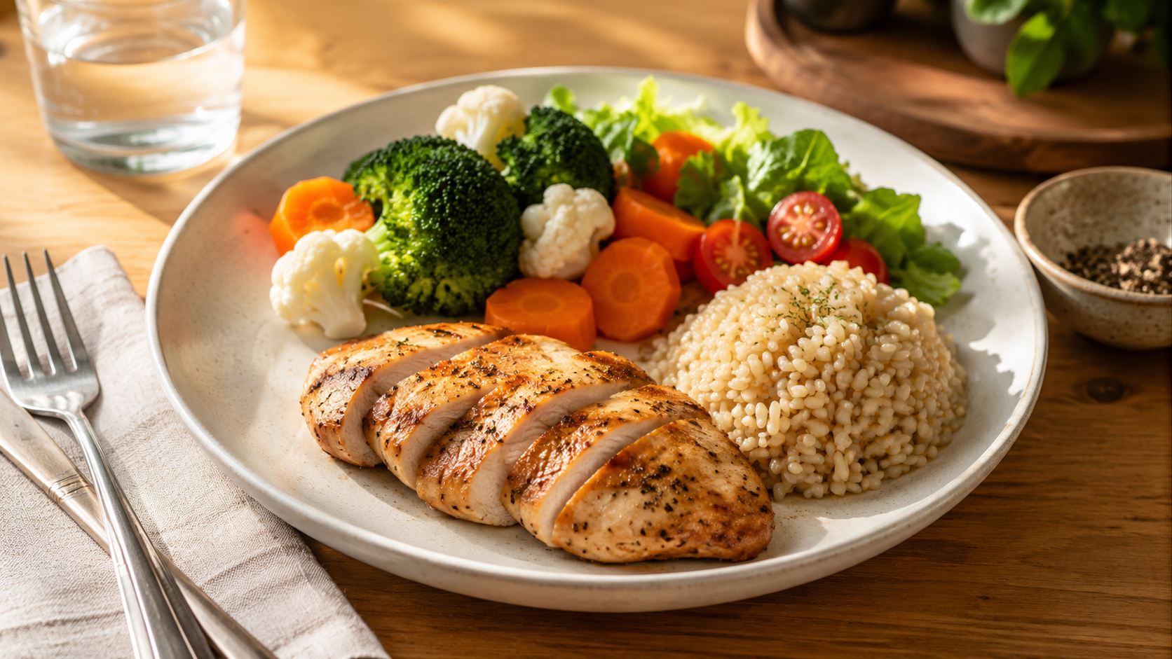 A plate of grilled chicken, steamed vegetables, fresh greens, and a small serving of brown rice sits on a wooden table in warm natural light.