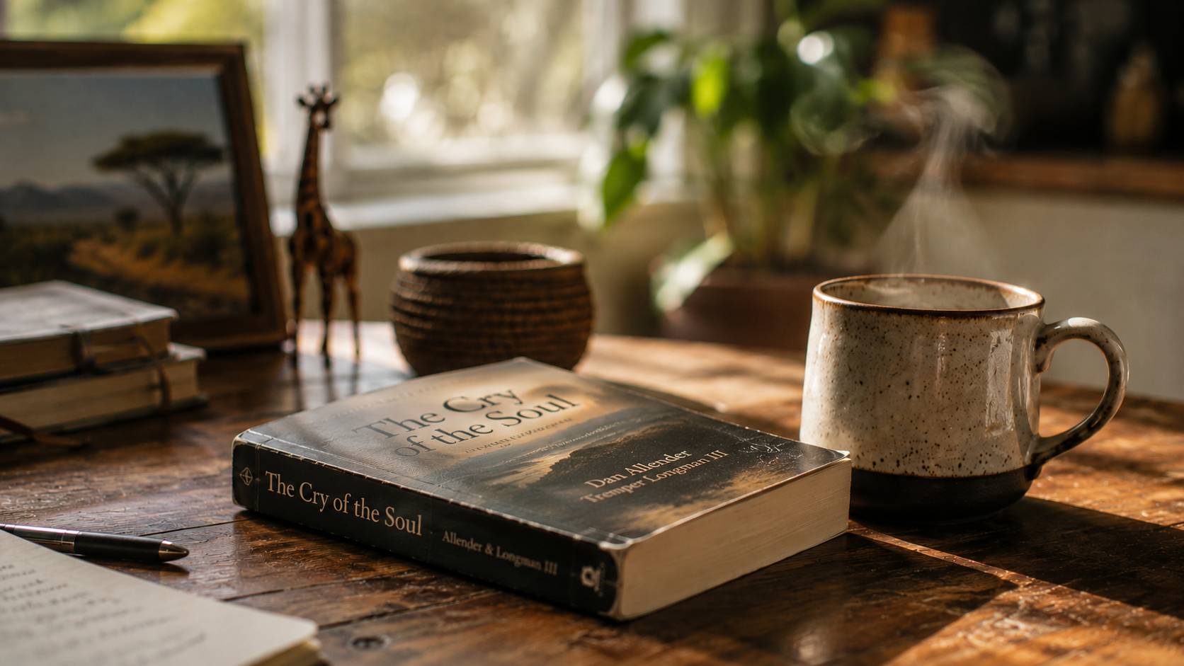 Paperback book resting face-down beside a half-empty coffee mug on a kitchen table in morning light