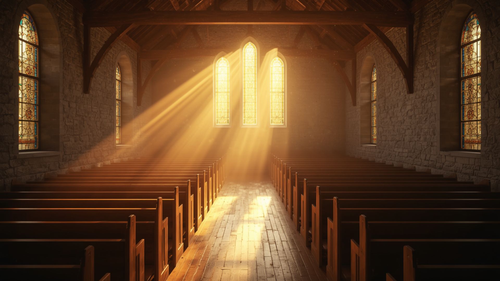 An empty chapel interior with tall narrow windows, beams of morning light streaming across wooden pews in quiet anticipation.